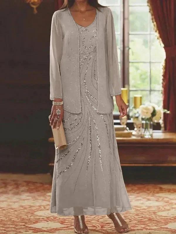 Sheath/Column V-Neck Ankle-Length Mother of the Bride Dresses with Jacket &amp; Sequins by Dreamylily
