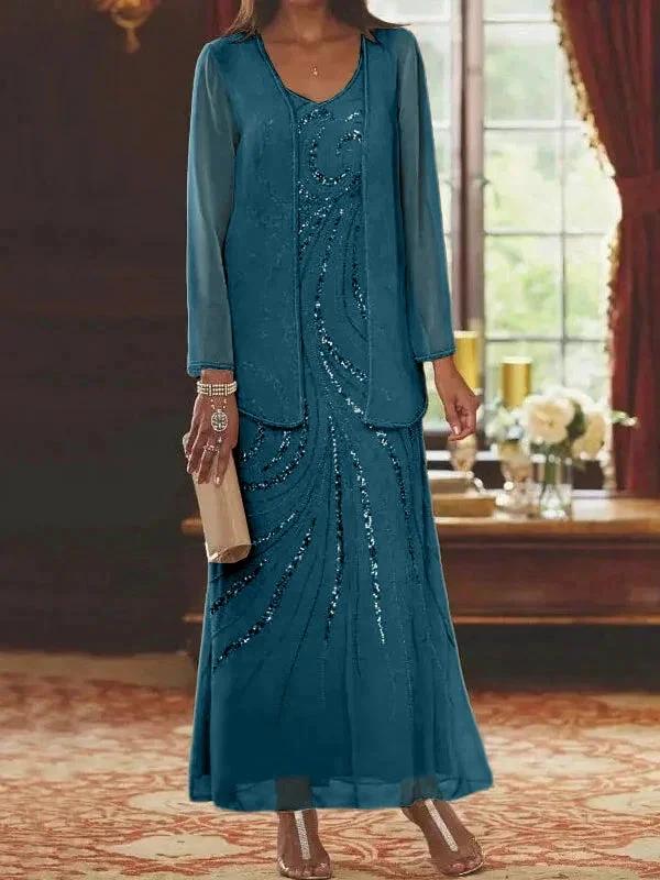 Sheath/Column V-Neck Ankle-Length Mother of the Bride Dresses with Jacket &amp; Sequins by Dreamylily