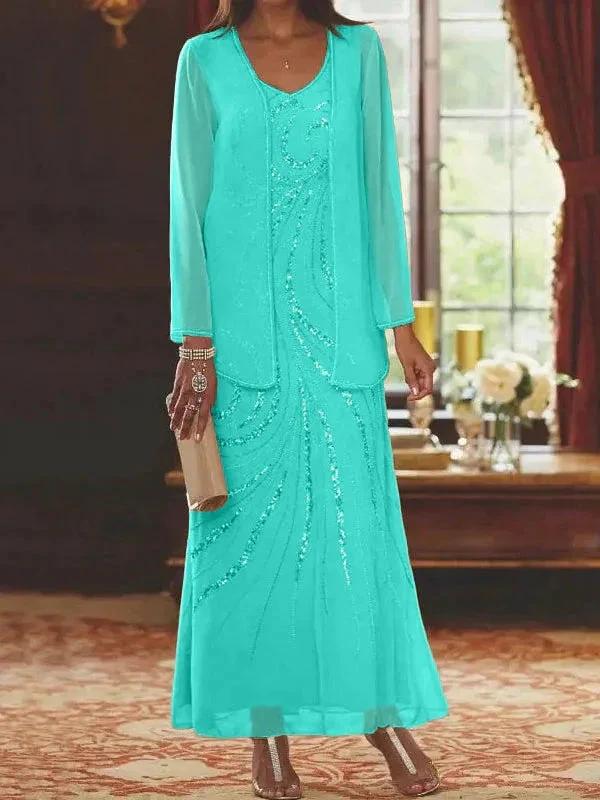 Sheath/Column V-Neck Ankle-Length Mother of the Bride Dresses with Jacket &amp; Sequins by Dreamylily