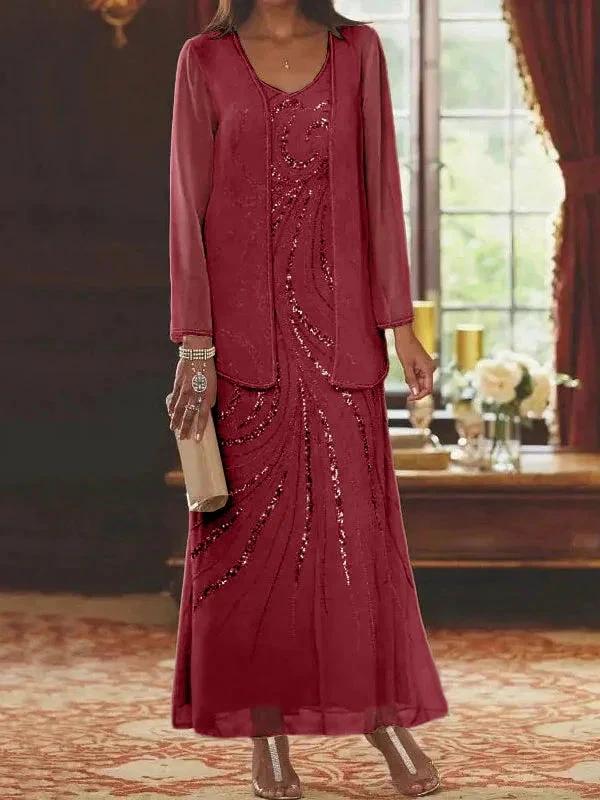 Sheath/Column V-Neck Ankle-Length Mother of the Bride Dresses with Jacket &amp; Sequins by Dreamylily