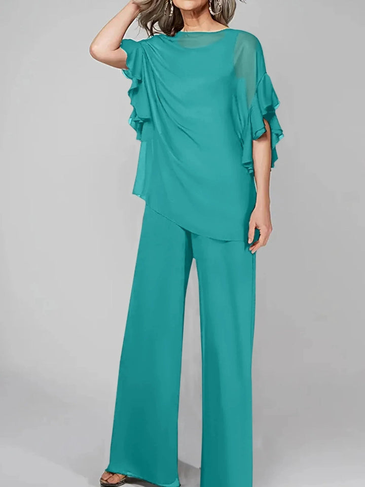 Jumpsuits Scoop Half Sleeves Chiffon Mother Of The Bride Pantsuits by Dreamylily