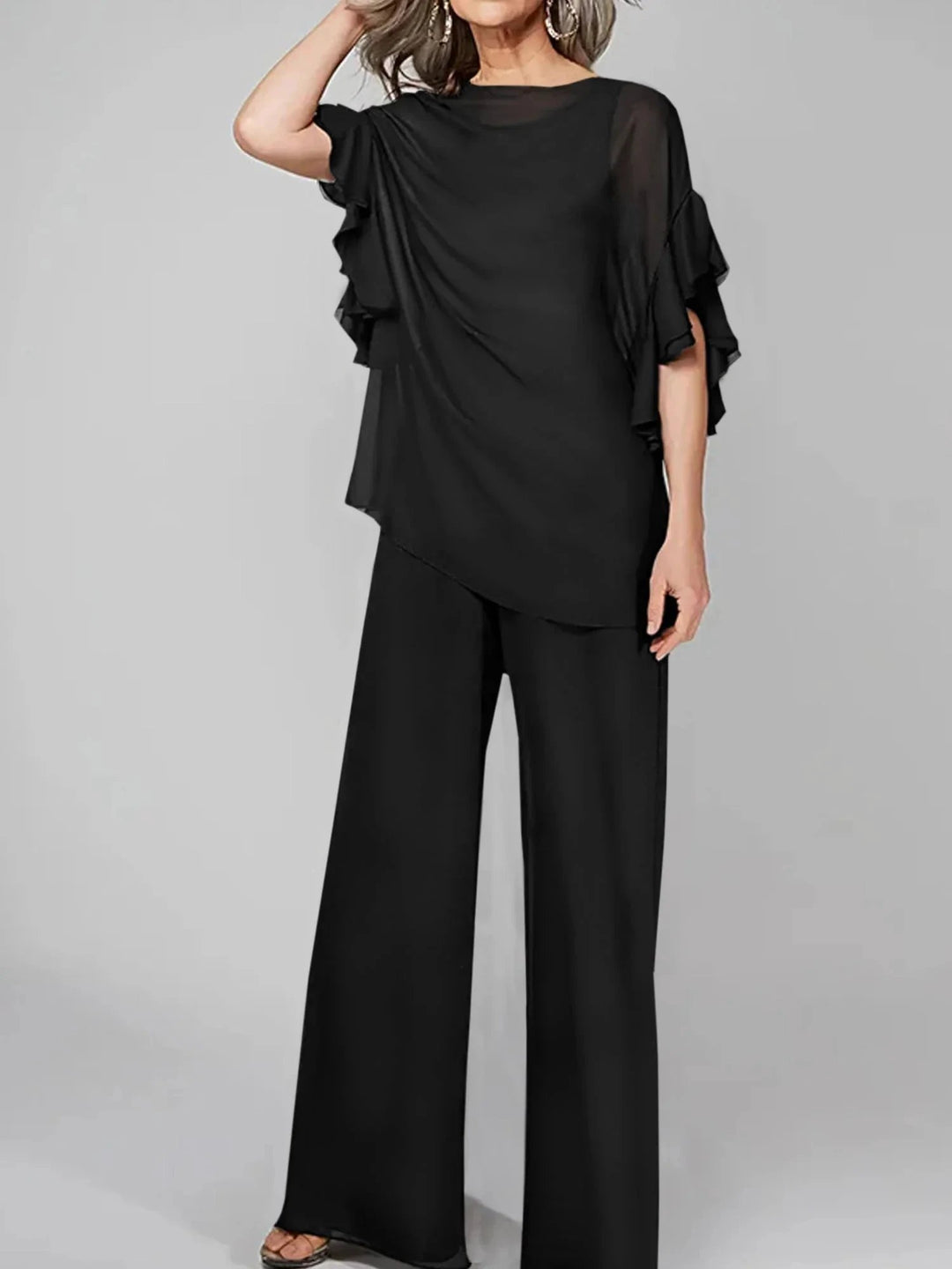 Jumpsuits Scoop Half Sleeves Chiffon Mother Of The Bride Pantsuits by Dreamylily