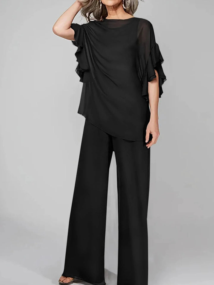 Jumpsuits Scoop Half Sleeves Chiffon Mother Of The Bride Pantsuits by Dreamylily