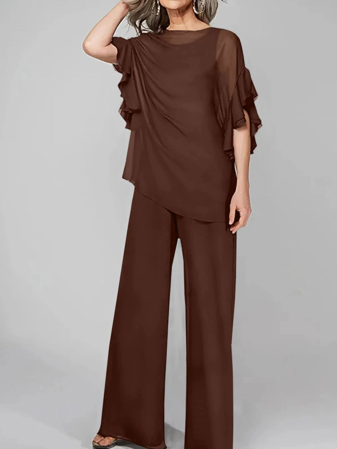 Jumpsuits Scoop Half Sleeves Chiffon Mother Of The Bride Pantsuits by Dreamylily