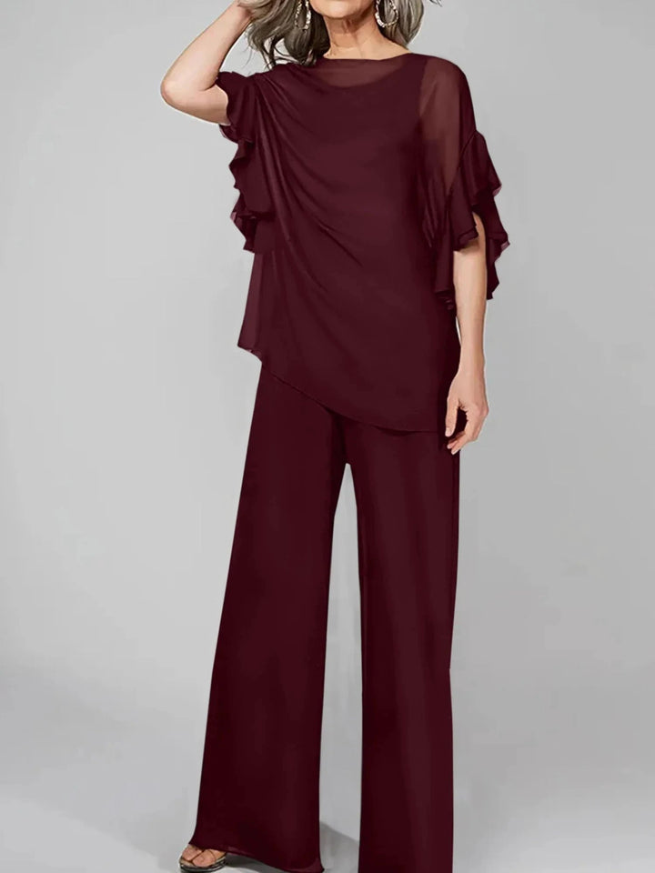 Jumpsuits Scoop Half Sleeves Chiffon Mother Of The Bride Pantsuits by Dreamylily