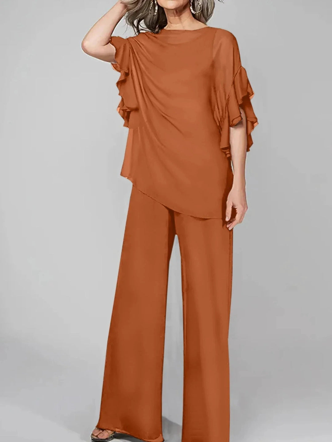 Jumpsuits Scoop Half Sleeves Chiffon Mother Of The Bride Pantsuits by Dreamylily