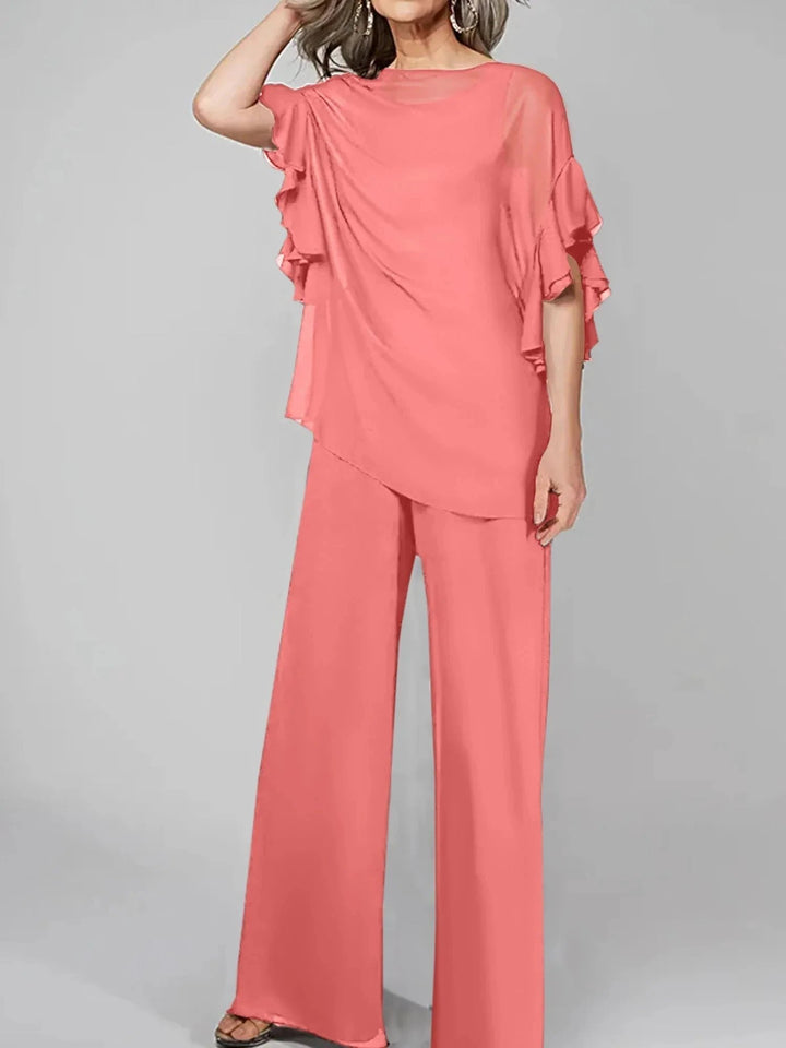 Jumpsuits Scoop Half Sleeves Chiffon Mother Of The Bride Pantsuits by Dreamylily