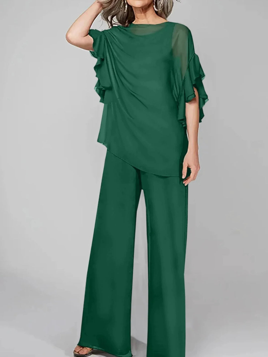 Jumpsuits Scoop Half Sleeves Chiffon Mother Of The Bride Pantsuits by Dreamylily