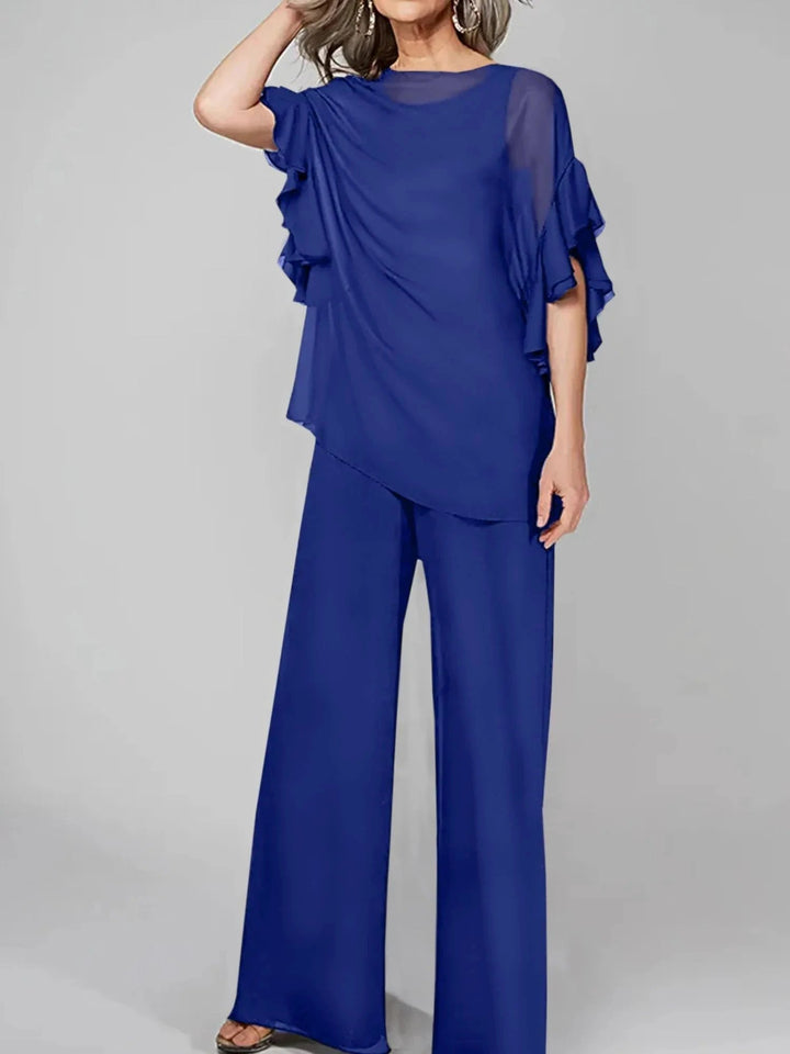 Jumpsuits Scoop Half Sleeves Chiffon Mother Of The Bride Pantsuits by Dreamylily
