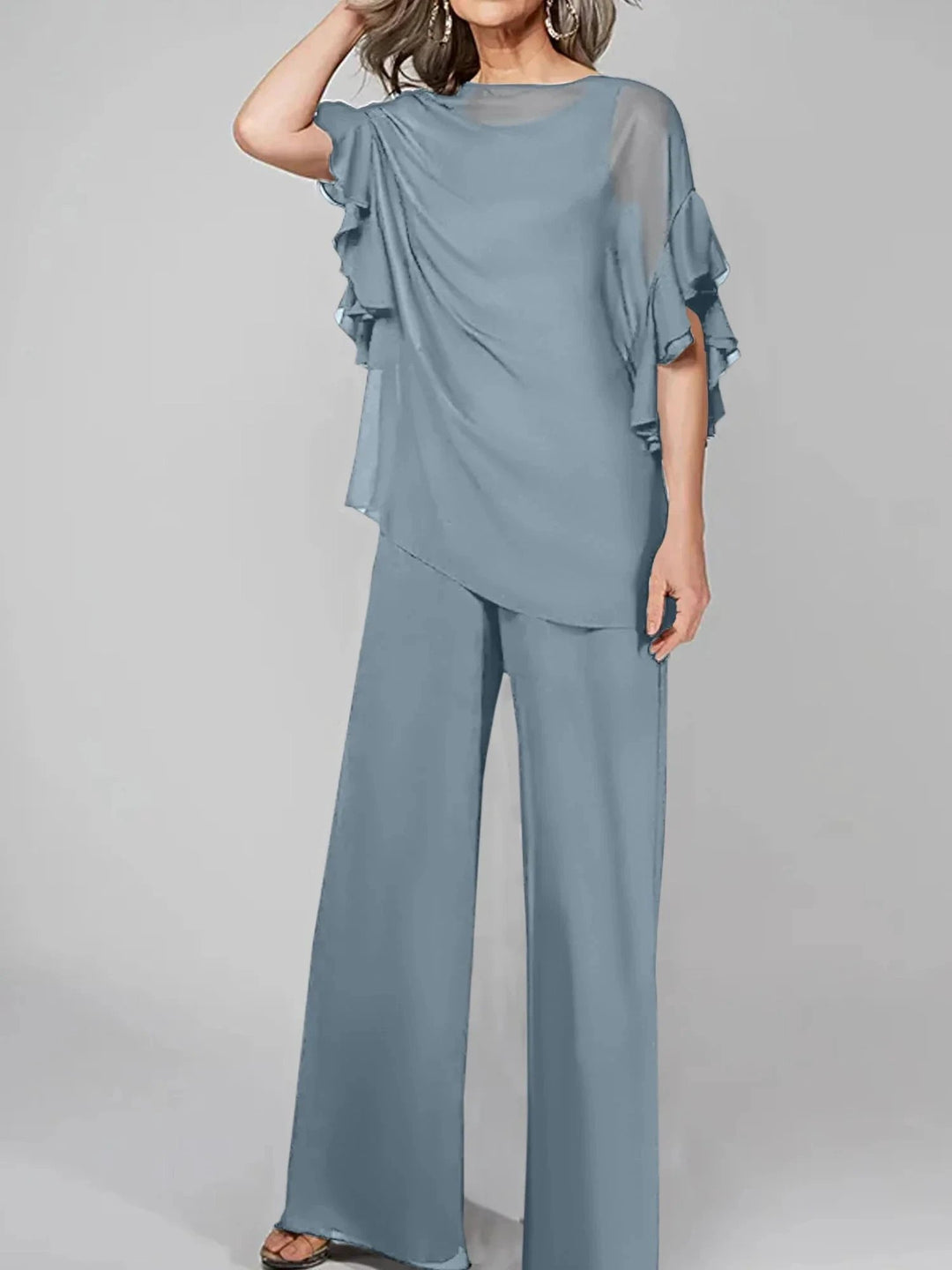 Jumpsuits Scoop Half Sleeves Chiffon Mother Of The Bride Pantsuits by Dreamylily