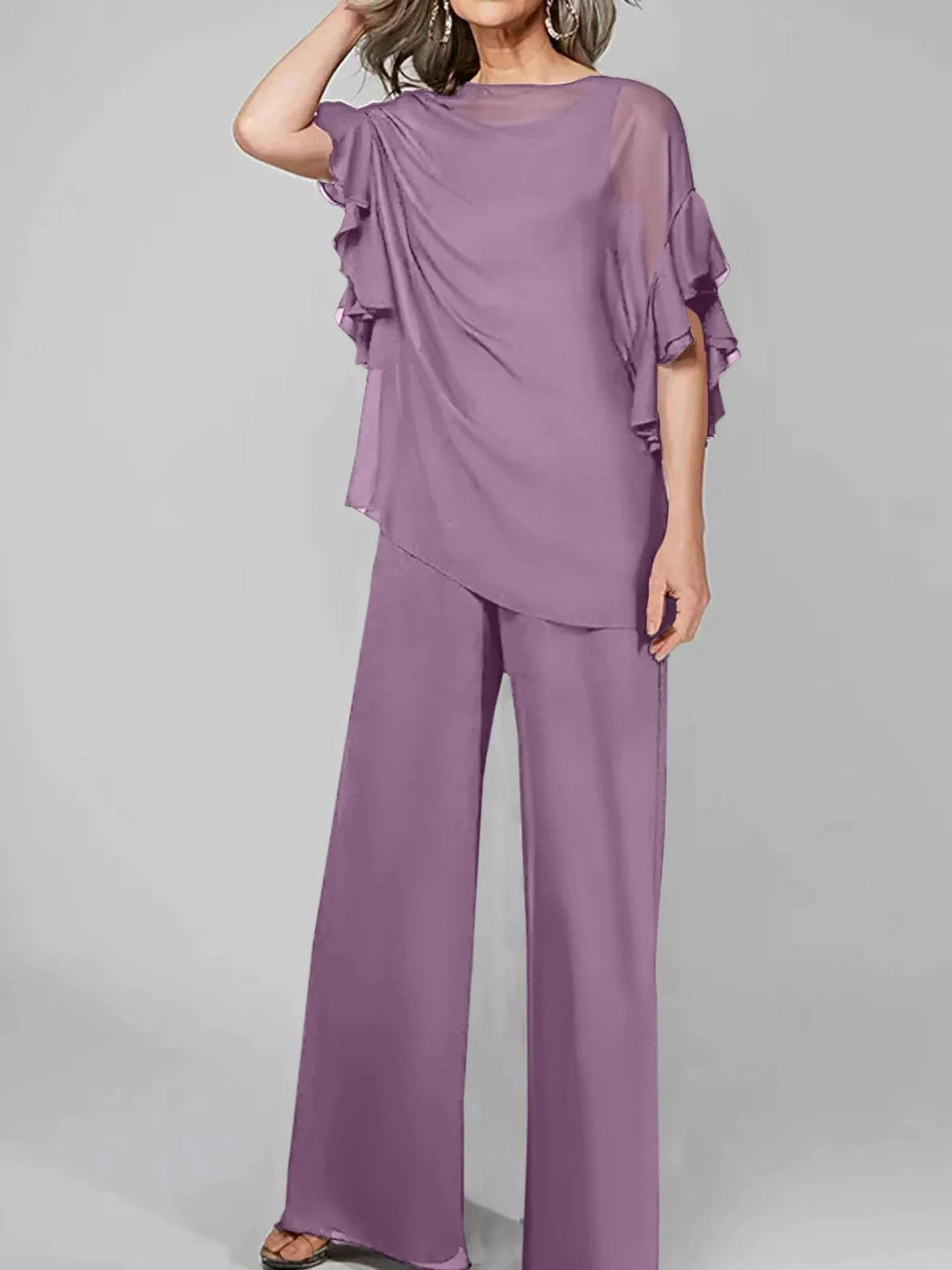 Jumpsuits Scoop Half Sleeves Chiffon Mother Of The Bride Pantsuits by Dreamylily