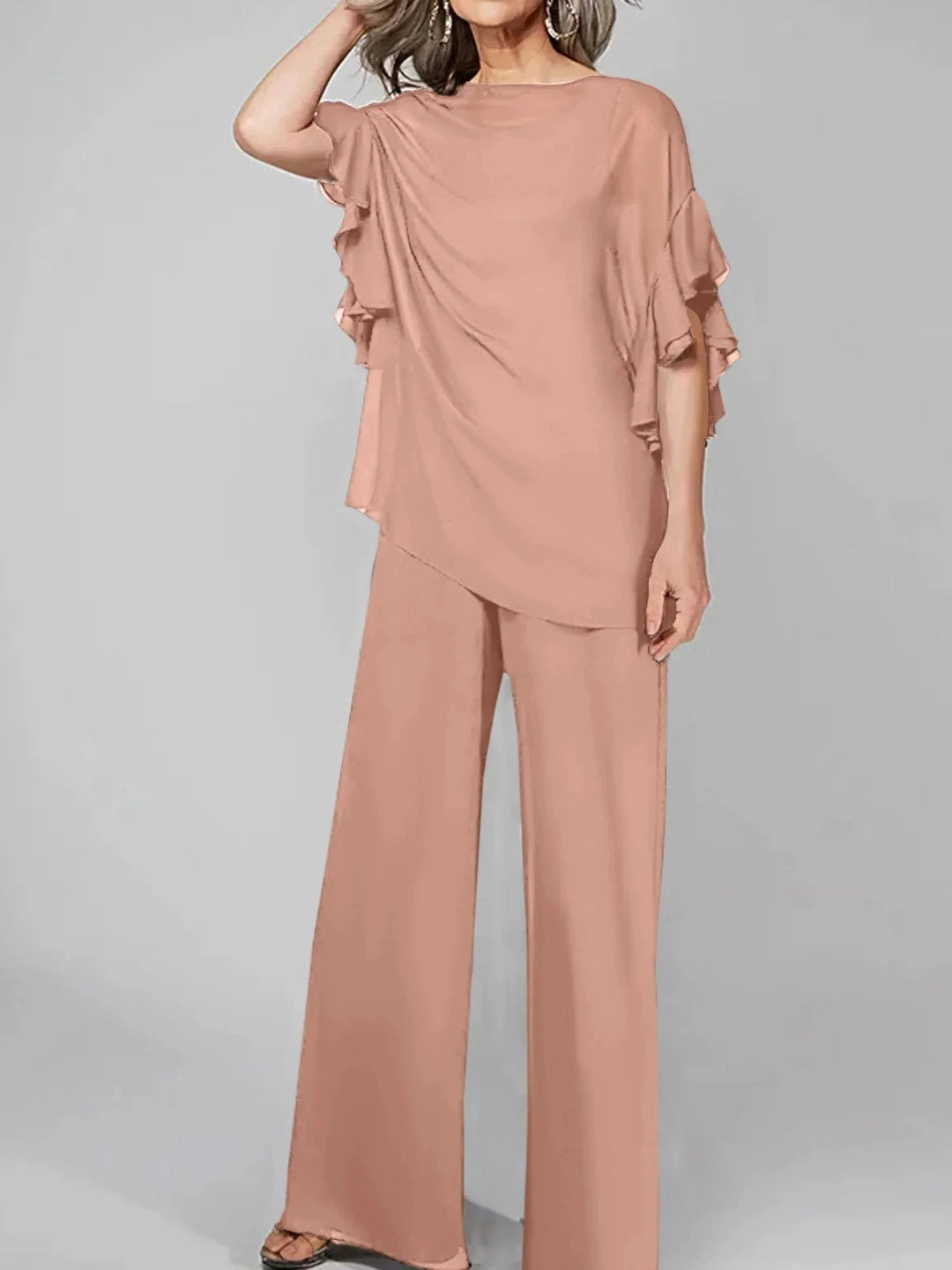 Jumpsuits Scoop Half Sleeves Chiffon Mother Of The Bride Pantsuits by Dreamylily