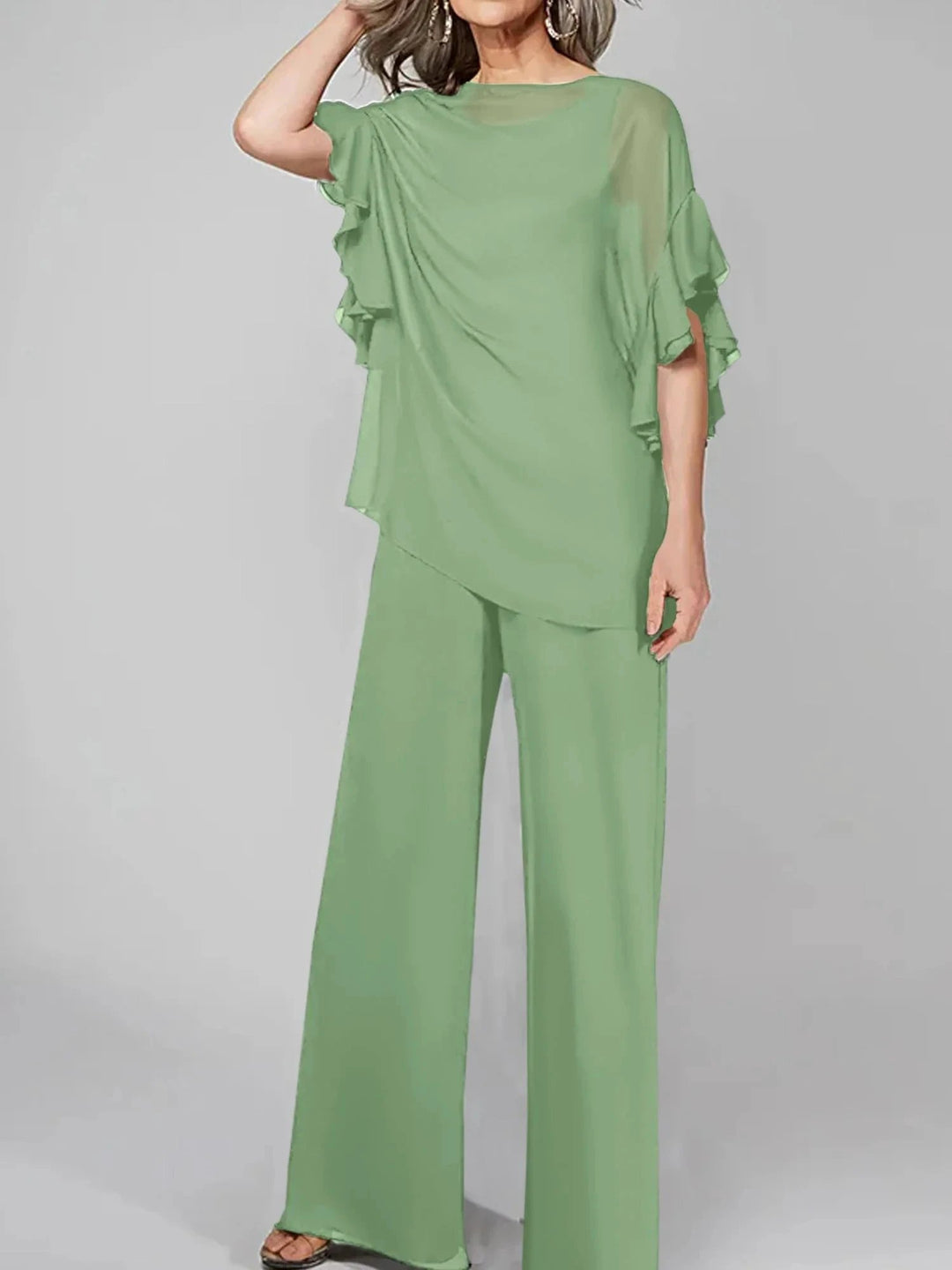 Jumpsuits Scoop Half Sleeves Chiffon Mother Of The Bride Pantsuits by Dreamylily