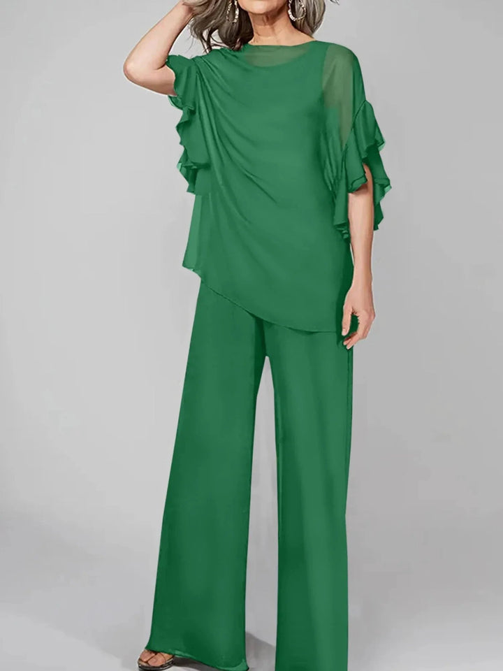 Jumpsuits Scoop Half Sleeves Chiffon Mother Of The Bride Pantsuits by Dreamylily