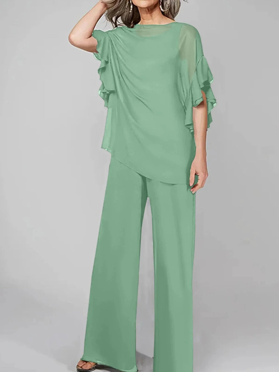 Jumpsuits Scoop Half Sleeves Chiffon Mother Of The Bride Pantsuits by Dreamylily