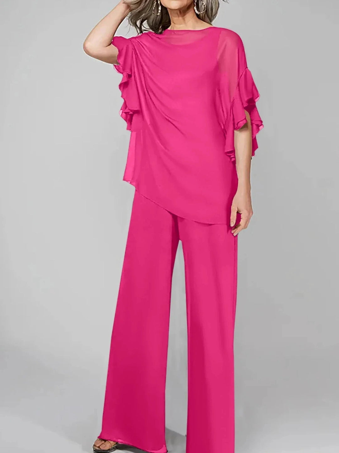 Jumpsuits Scoop Half Sleeves Chiffon Mother Of The Bride Pantsuits by Dreamylily