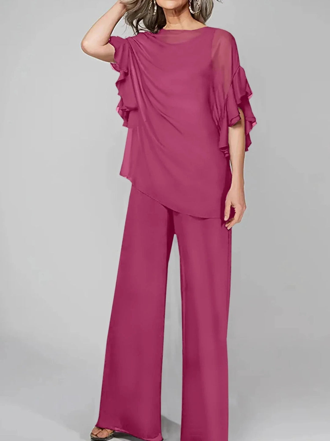 Jumpsuits Scoop Half Sleeves Chiffon Mother Of The Bride Pantsuits by Dreamylily