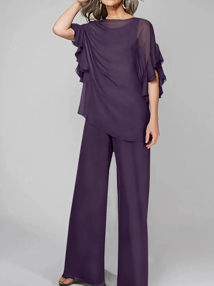 Jumpsuits Scoop Half Sleeves Chiffon Mother Of The Bride Pantsuits by Dreamylily