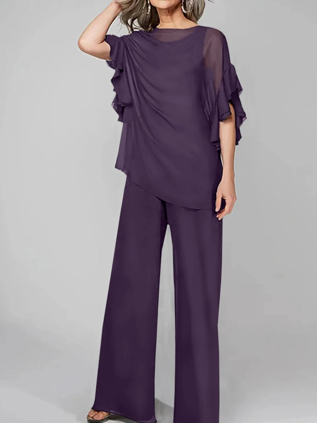 Jumpsuits Scoop Half Sleeves Chiffon Mother Of The Bride Pantsuits by Dreamylily