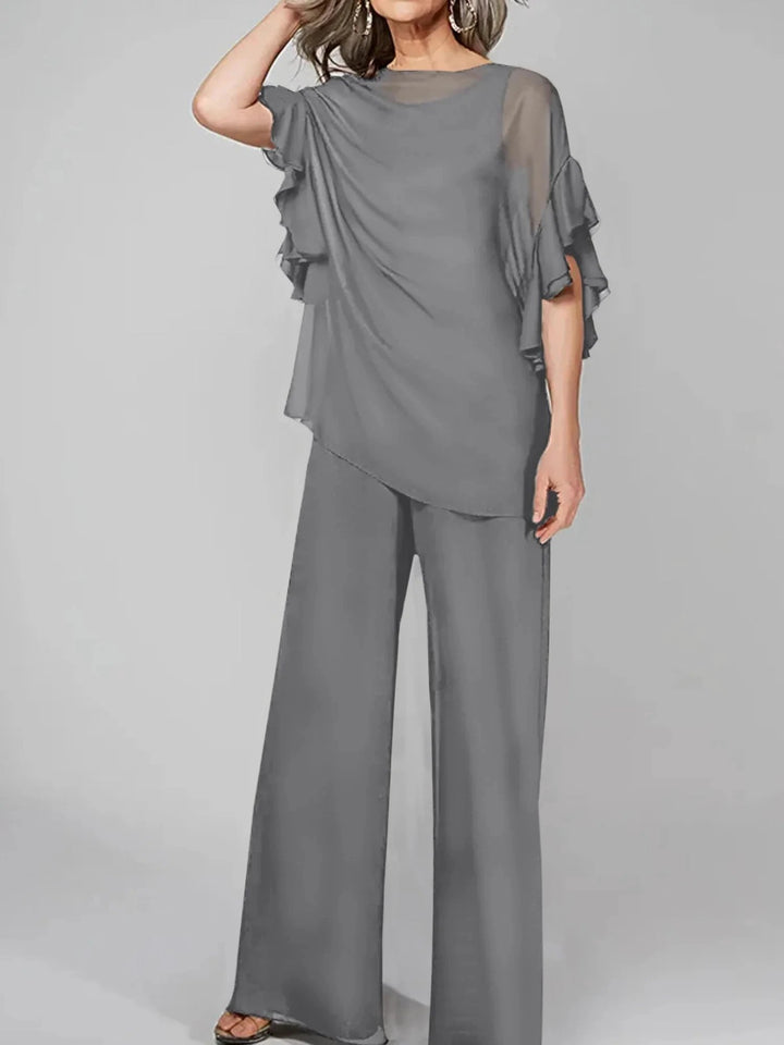 Jumpsuits Scoop Half Sleeves Chiffon Mother Of The Bride Pantsuits by Dreamylily