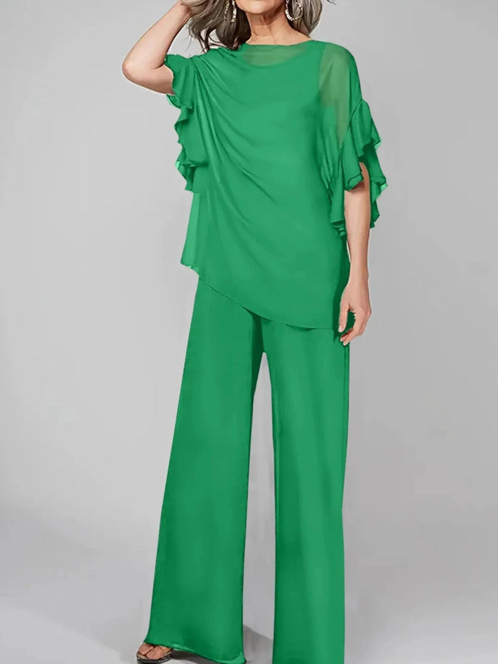 Jumpsuits Scoop Half Sleeves Chiffon Mother Of The Bride Pantsuits by Dreamylily