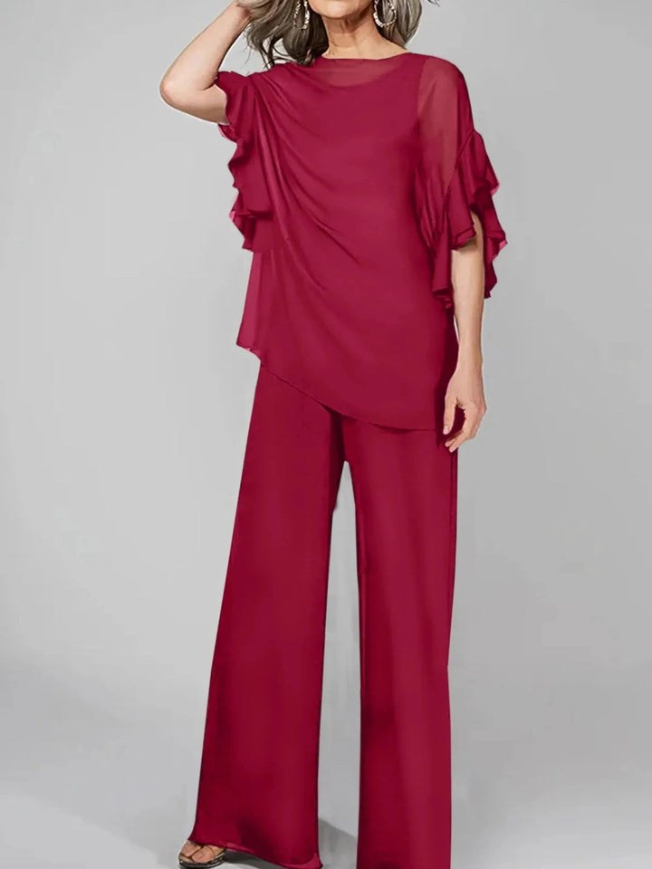Jumpsuits Scoop Half Sleeves Chiffon Mother Of The Bride Pantsuits by Dreamylily