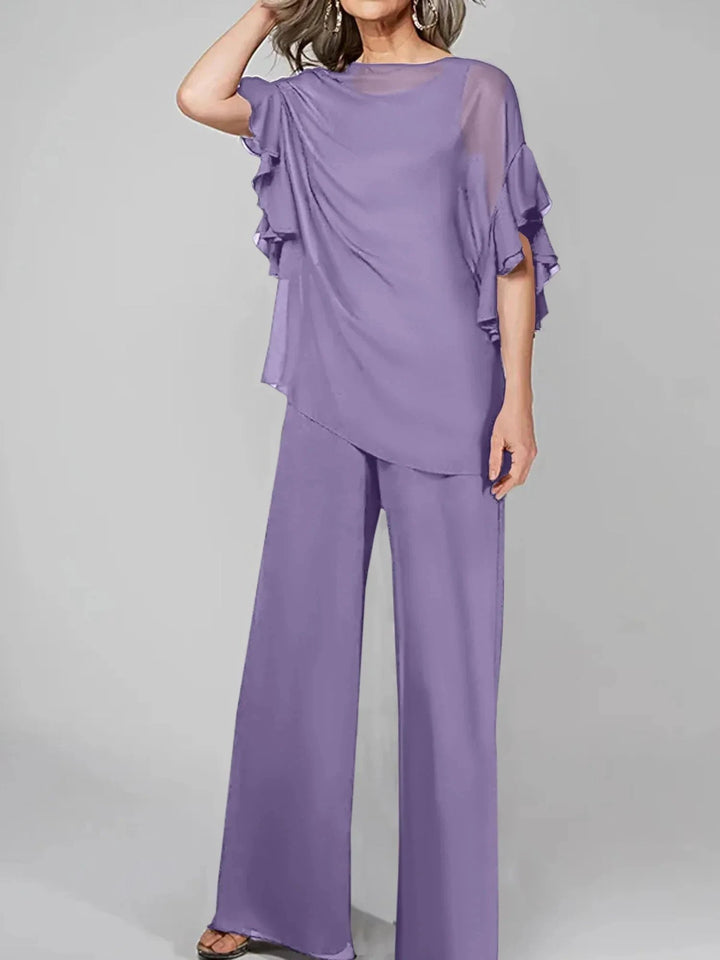 Jumpsuits Scoop Half Sleeves Chiffon Mother Of The Bride Pantsuits by Dreamylily