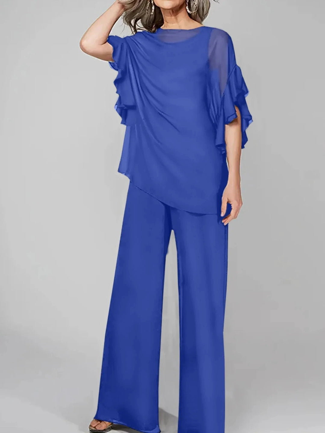 Jumpsuits Scoop Half Sleeves Chiffon Mother Of The Bride Pantsuits by Dreamylily