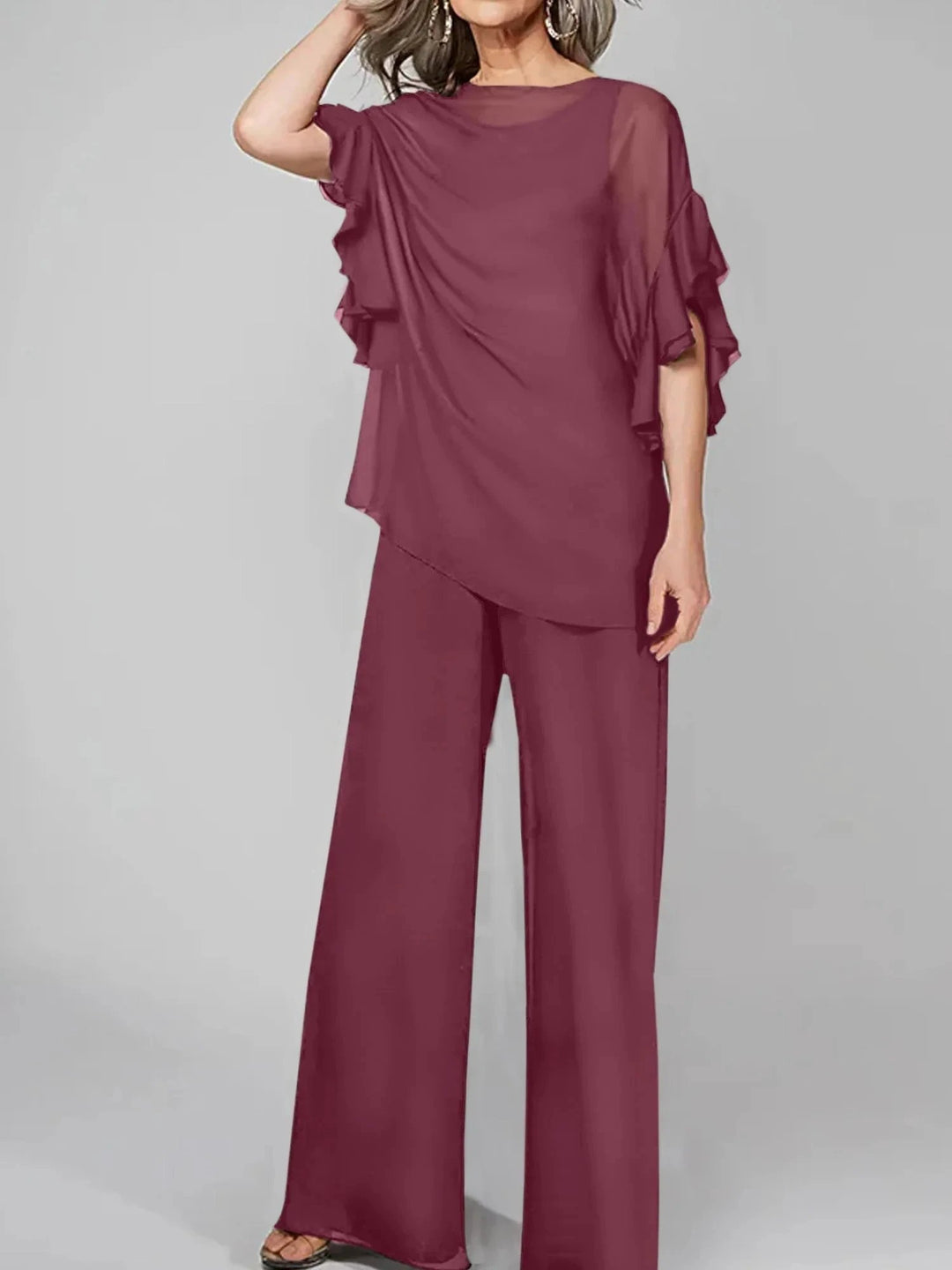Jumpsuits Scoop Half Sleeves Chiffon Mother Of The Bride Pantsuits by Dreamylily