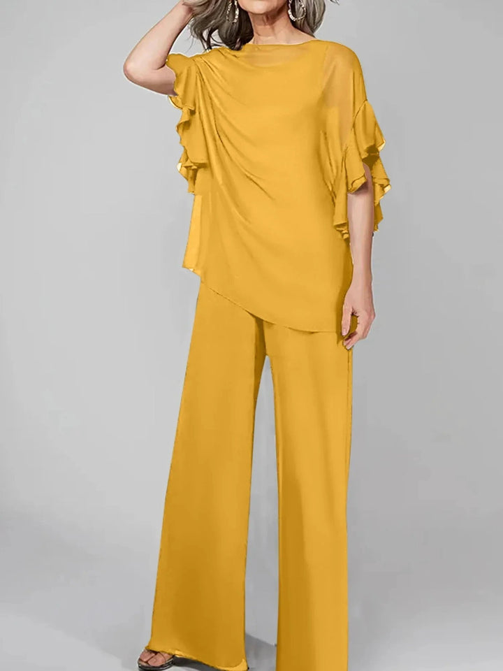 Jumpsuits Scoop Half Sleeves Chiffon Mother Of The Bride Pantsuits by Dreamylily