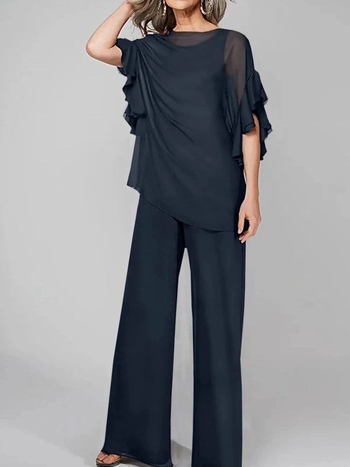 Jumpsuits Scoop Half Sleeves Chiffon Mother Of The Bride Pantsuits by Dreamylily