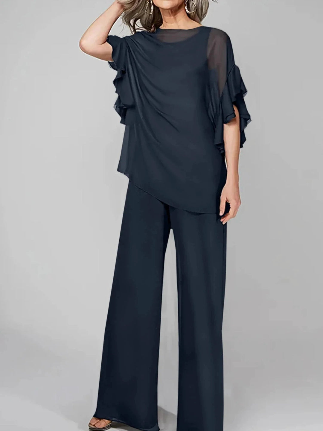 Jumpsuits Scoop Half Sleeves Chiffon Mother Of The Bride Pantsuits by Dreamylily