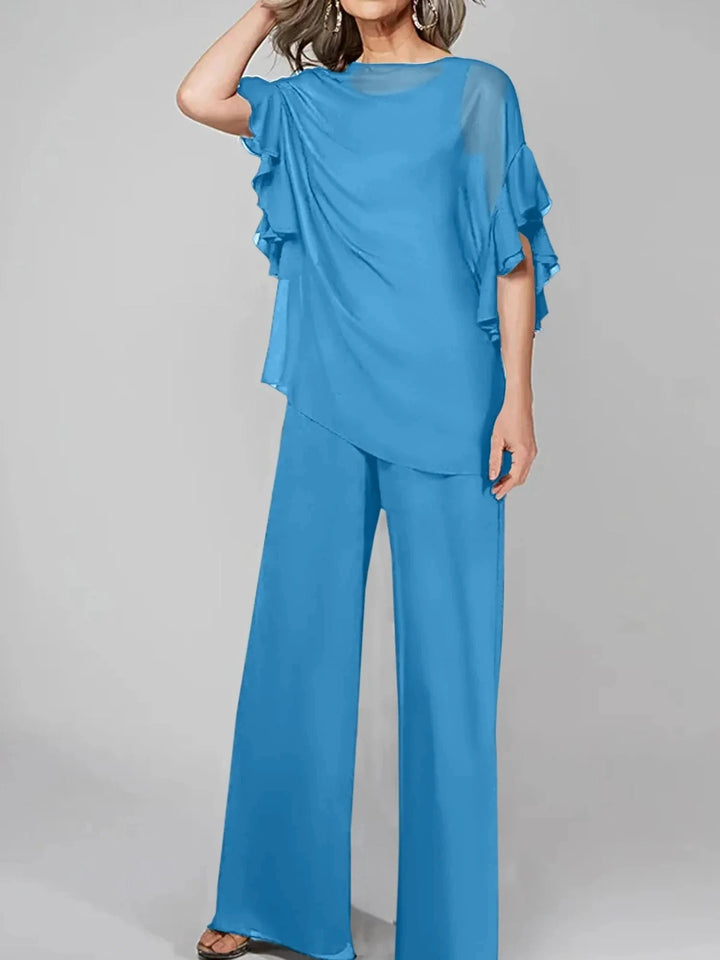 Jumpsuits Scoop Half Sleeves Chiffon Mother Of The Bride Pantsuits by Dreamylily