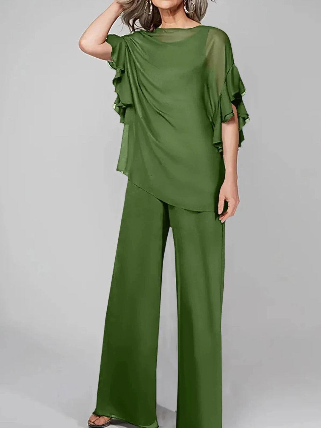 Jumpsuits Scoop Half Sleeves Chiffon Mother Of The Bride Pantsuits by Dreamylily