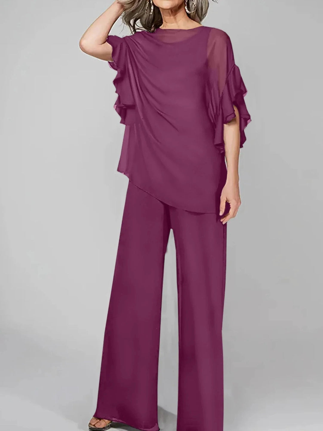 Jumpsuits Scoop Half Sleeves Chiffon Mother Of The Bride Pantsuits by Dreamylily