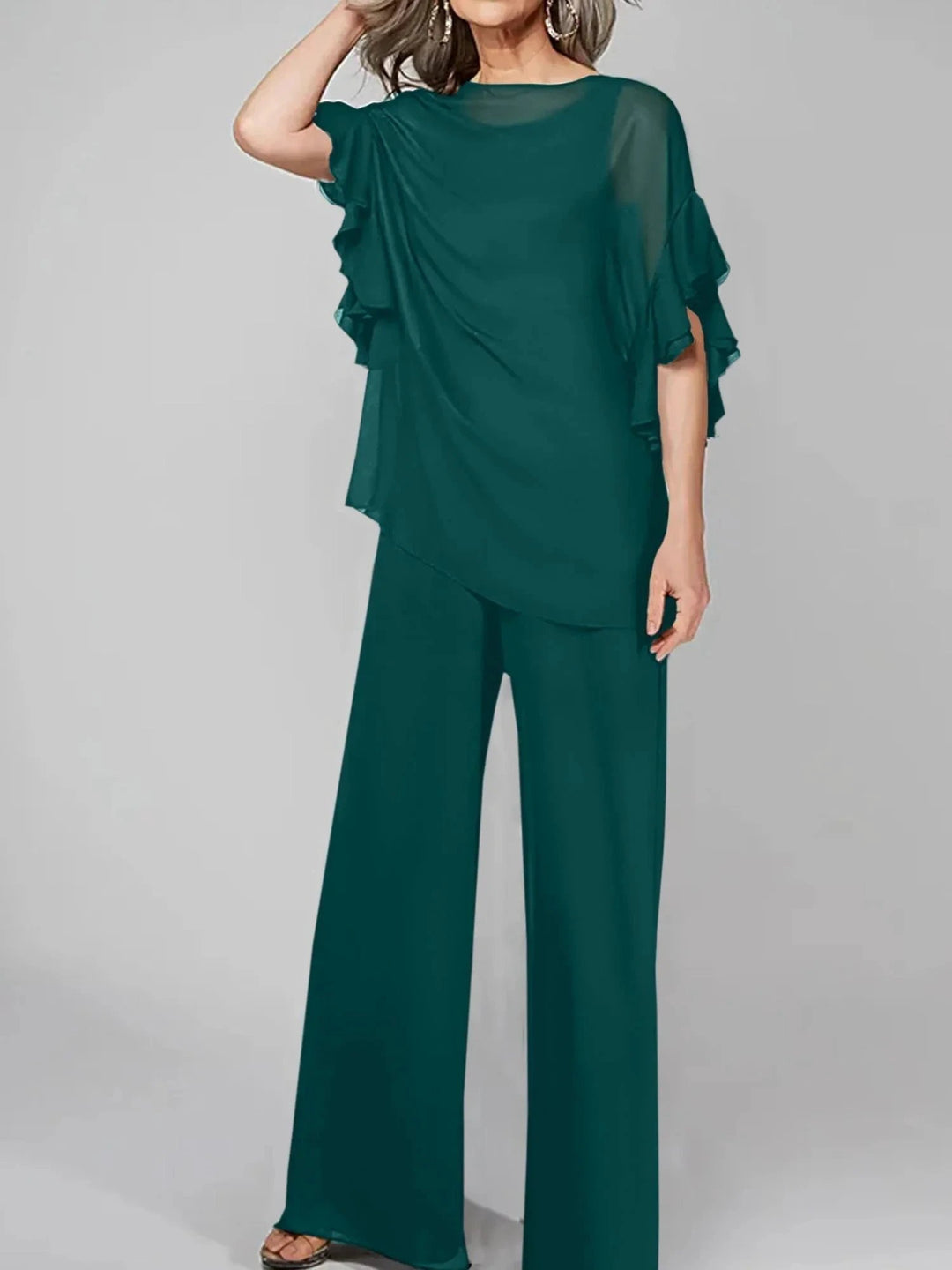 Jumpsuits Scoop Half Sleeves Chiffon Mother Of The Bride Pantsuits by Dreamylily