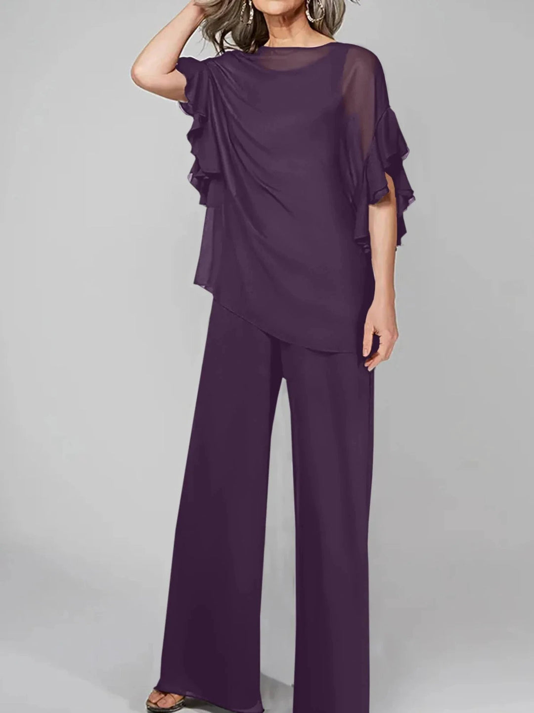 Jumpsuits Scoop Half Sleeves Chiffon Mother Of The Bride Pantsuits by Dreamylily