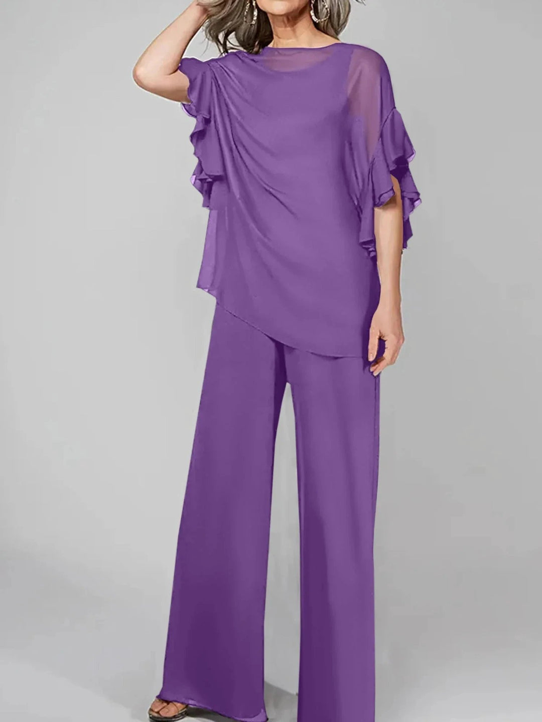 Jumpsuits Scoop Half Sleeves Chiffon Mother Of The Bride Pantsuits by Dreamylily