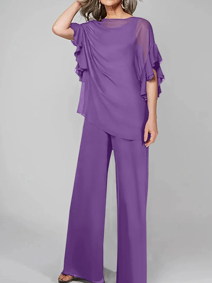 Jumpsuits Scoop Half Sleeves Chiffon Mother Of The Bride Pantsuits by Dreamylily