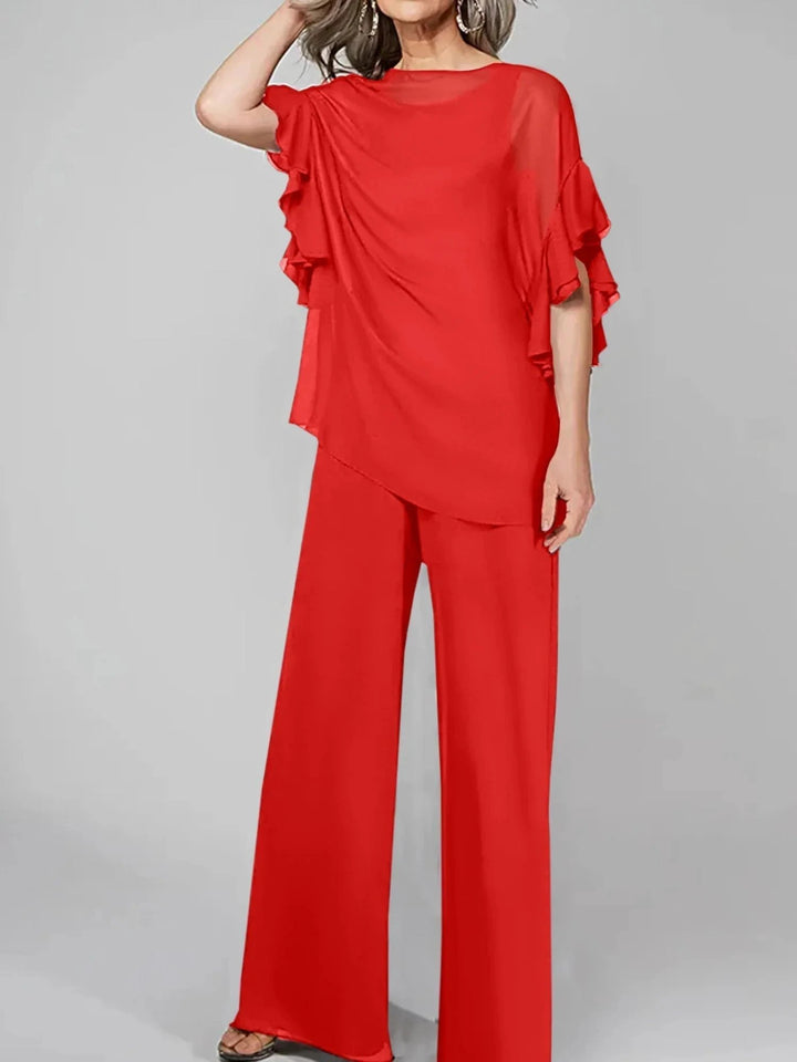 Jumpsuits Scoop Half Sleeves Chiffon Mother Of The Bride Pantsuits by Dreamylily