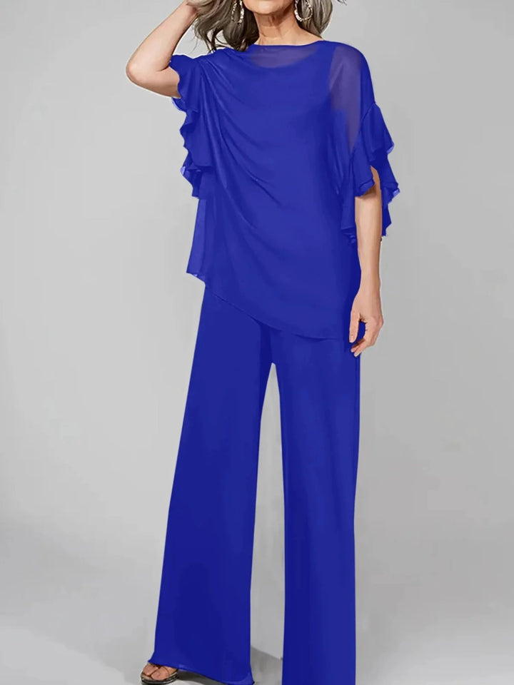 Jumpsuits Scoop Half Sleeves Chiffon Mother Of The Bride Pantsuits by Dreamylily