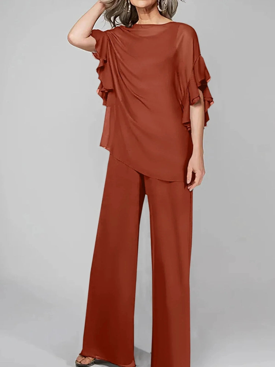 Jumpsuits Scoop Half Sleeves Chiffon Mother Of The Bride Pantsuits by Dreamylily
