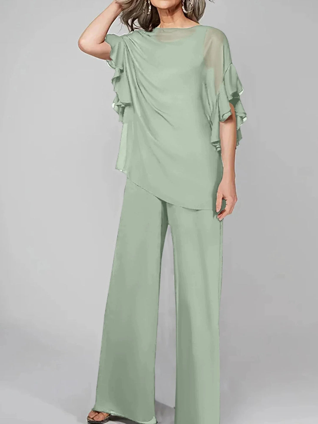 Jumpsuits Scoop Half Sleeves Chiffon Mother Of The Bride Pantsuits by Dreamylily