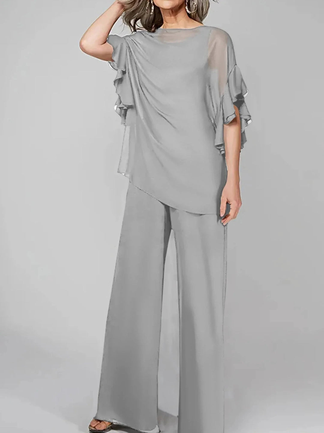 Jumpsuits Scoop Half Sleeves Chiffon Mother Of The Bride Pantsuits by Dreamylily