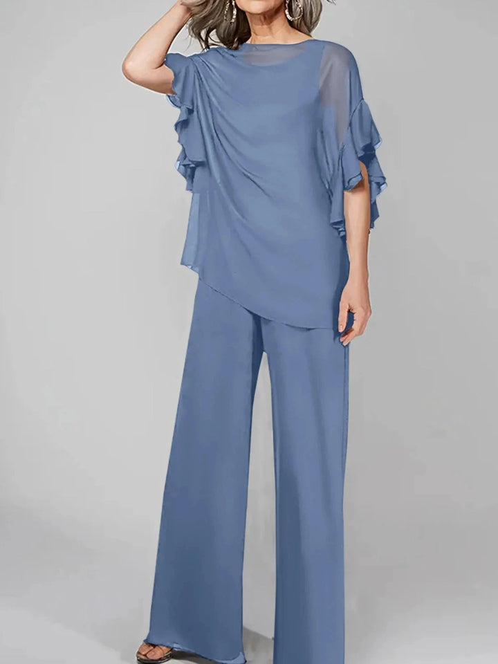 Jumpsuits Scoop Half Sleeves Chiffon Mother Of The Bride Pantsuits by Dreamylily