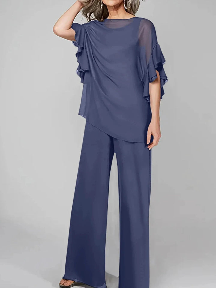 Jumpsuits Scoop Half Sleeves Chiffon Mother Of The Bride Pantsuits by Dreamylily