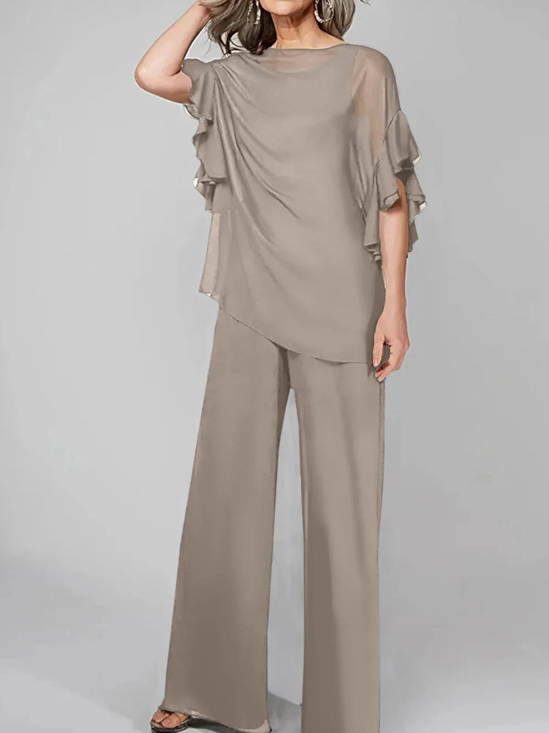 Jumpsuits Scoop Half Sleeves Chiffon Mother Of The Bride Pantsuits by Dreamylily