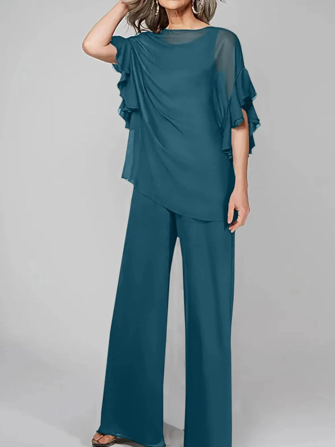 Jumpsuits Scoop Half Sleeves Chiffon Mother Of The Bride Pantsuits by Dreamylily