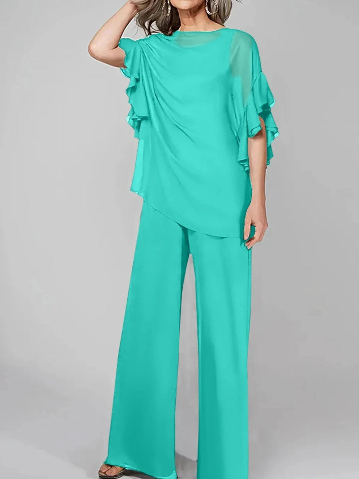 Jumpsuits Scoop Half Sleeves Chiffon Mother Of The Bride Pantsuits by Dreamylily