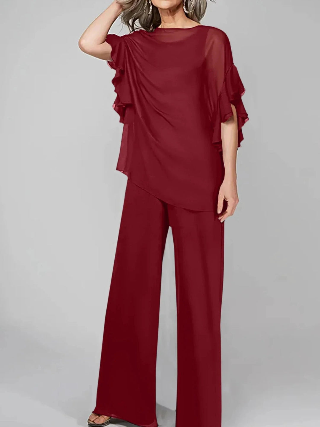 Jumpsuits Scoop Half Sleeves Chiffon Mother Of The Bride Pantsuits by Dreamylily